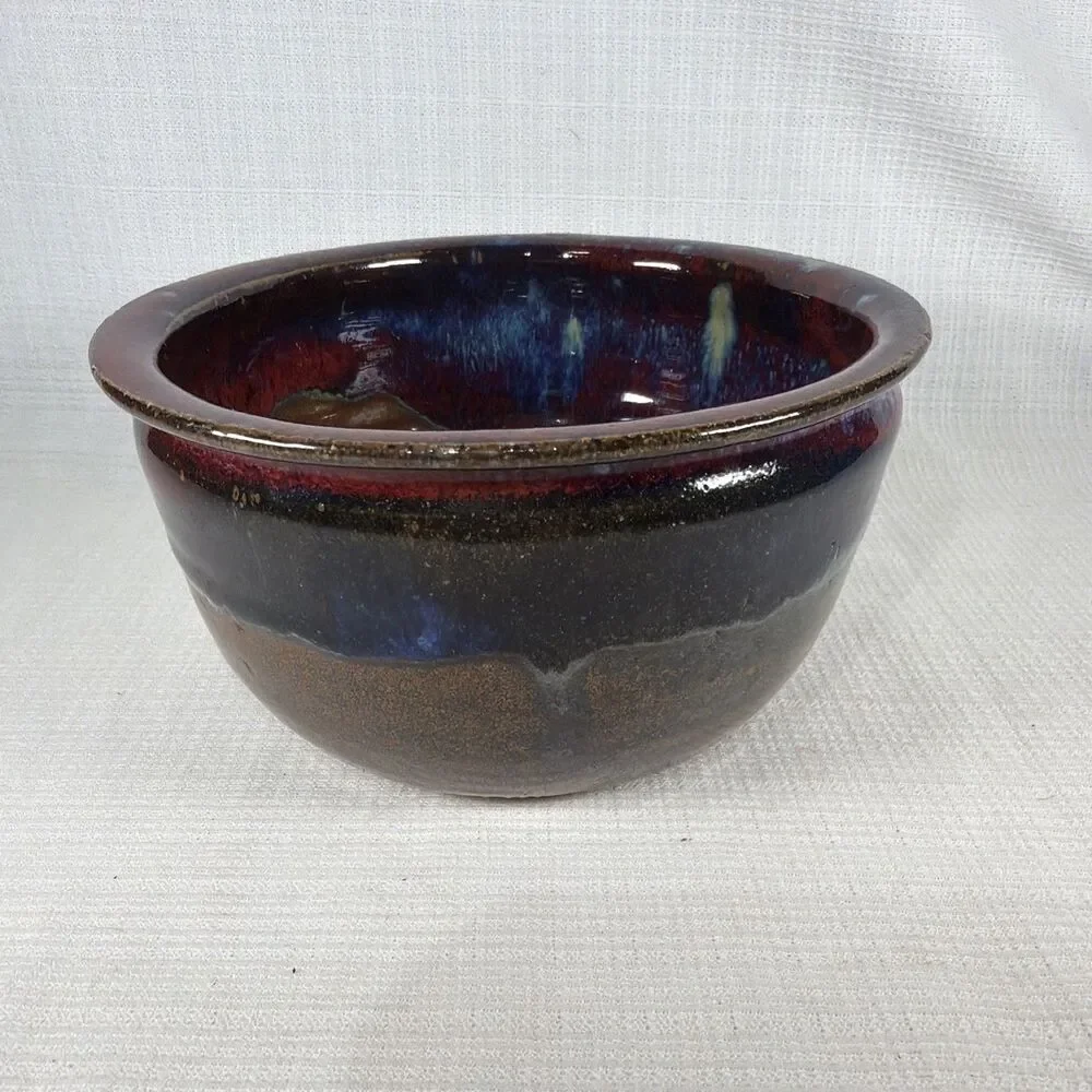 Signed Studio Art Pottery Stoneware Bowl Red Blue Drip Glaze VOC 6.5